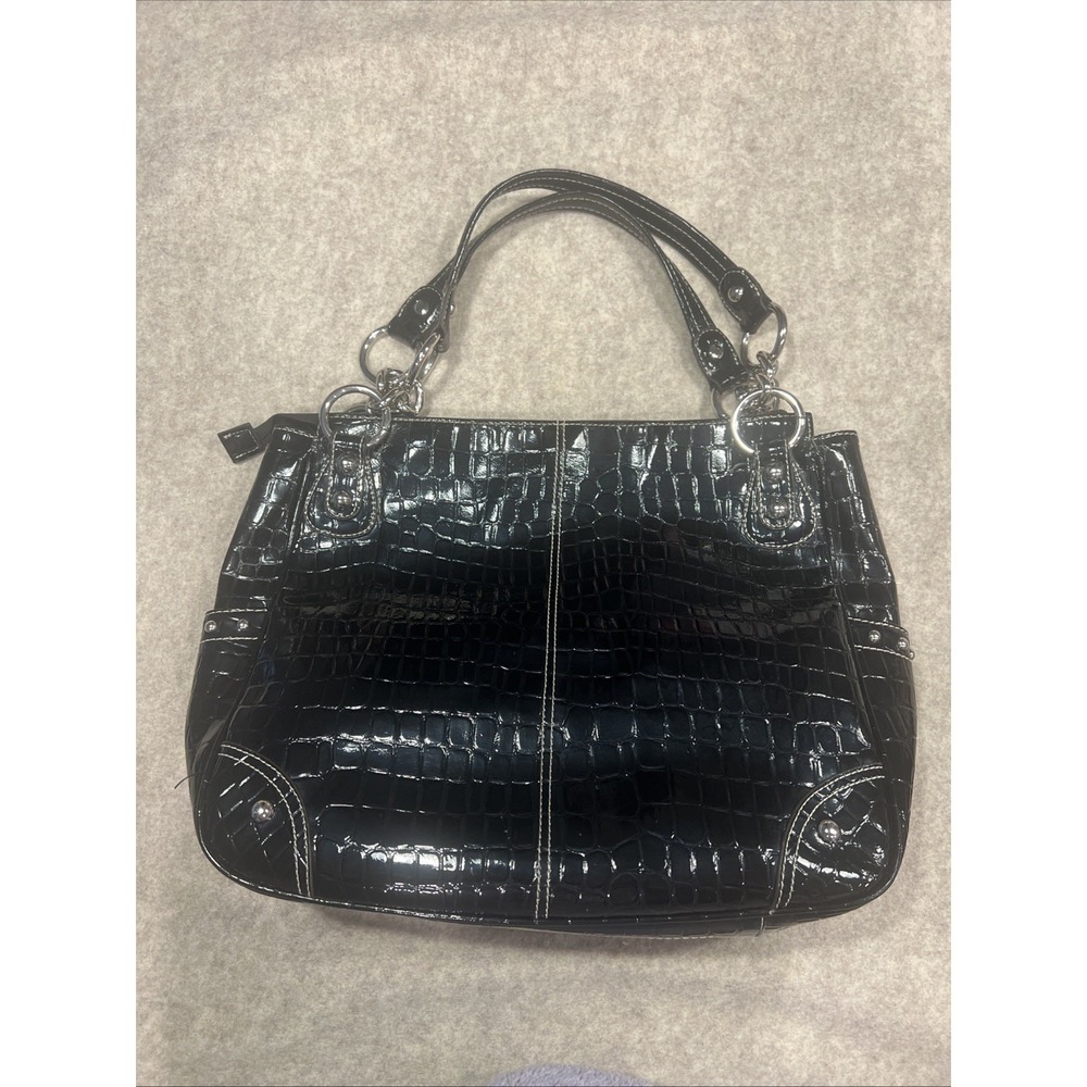 Kathy Van Zeeland Black Patent Leather Croc-Embossed Bag Large Gorgeous EUC - Picture 4 of 14